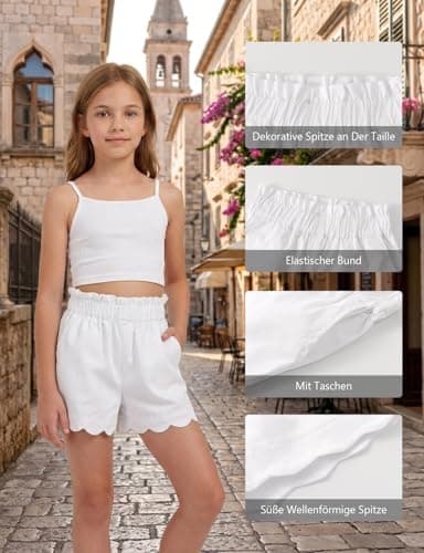 Spring&Gege Girls' Summer Shorts, Elastic Waist with Ruffled Hem & Side Pockets,Soft Cotton Shorts for Back-to-School Season Outdoor Activities, Beach & Casual Attire(White,9-10 Years) — view 4