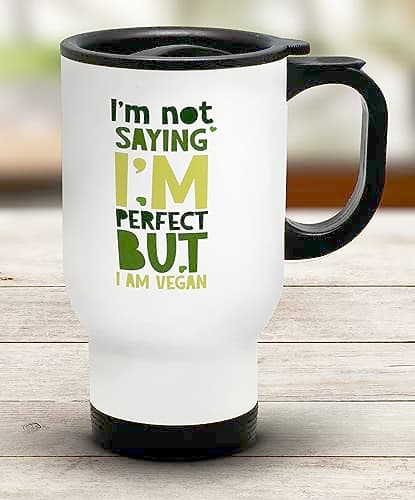 Shopagift Funny Vegan Travel Mug Not Perfect but Vegan Gift Stainless Steel 14oz Cup — view 2