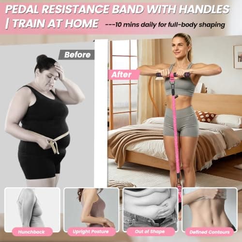 Pedal Resistance Band with Handle, 3-Tube Exercise Band for Women, Pink — view 2