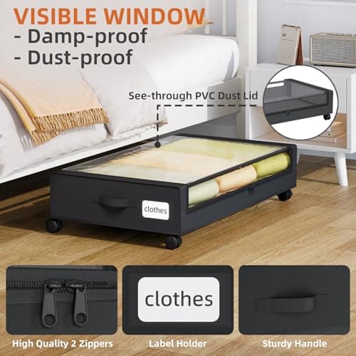 Somdot 48L Under Bed Storage Box, Large Capacity Under Bed Storage on wheels with Lid and Zip, Foldable Organiser for Clothes Bedding and Shoes, Black, 2 Pack — view 3