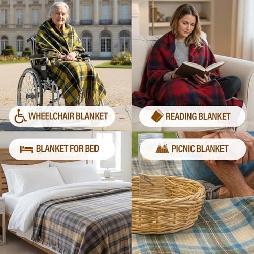 Luxurious Wool Knee blankets for elderly, Adults - 74x31" - Scottish tartans - Fringed edges, check Cosy sofa throws - Reading, Wheel chair, Travel - winter Blanket (Stewart Muted Blue Tartan) — view 3