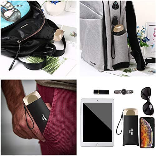 Vicloon Mini Umbrella, Pocket Umbrella （Black） with Golden Handle, 210T Black Rubber Cloth & 6 Aluminum Alloy Ribs, Foldable Compact Travel Umbrella, UPF>50+ UV Resistance — view 3