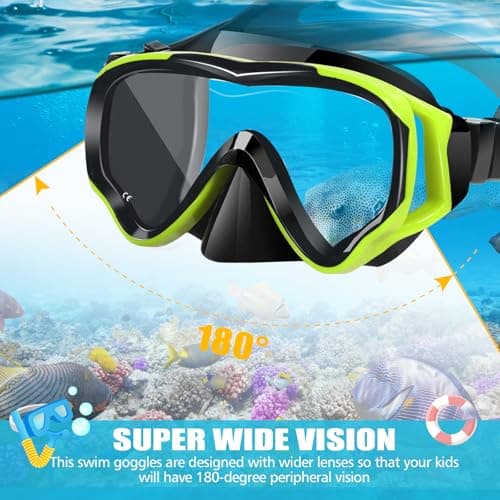 HIKOTEY Children's Snorkel Set,Panoramic Wide View Diving Mask,Snorkeling Gear Anti-Leak and Anti-Fog Tempered Glass Lens,Dry Snorkel Tube,Includes Earplugs and Nose Clip for Age 4-16 Years(Yellow) — view 3
