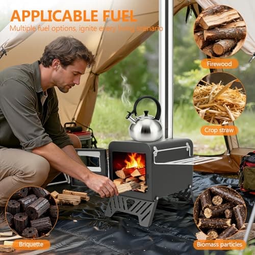 Camping Tent Stove, Foldable Tent Wood Burning Stove, Portable Hot Tent Wood Stove with Windproof Chimney for Outdoor Camping Cooking, Black — view 3