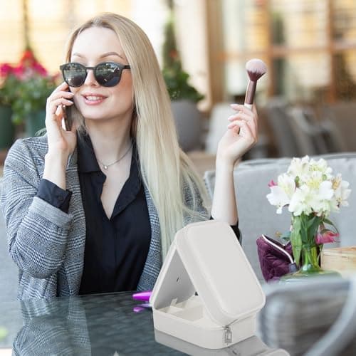 JIZZU Makeup Bag with Mirror, Lighted Vanity Case for Travel, Lighted Cosmetic Case with 3 Color Light, Portable Travel Cosmetic Organiser with Compartments for Women Outing Trip Tour(White) — view 5
