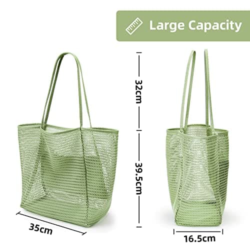 KALIDI Mesh Tote Bag,23L Beach Bag Extra Large Tote Bags for Women with Zip Pocket Shoulder Bag Summer Beach Bags Reusable Shopping Bag for Picnic Holiday Travel Grocery,green — view 4