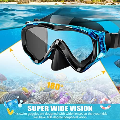 HIKOTEY Children's Snorkel Set,Panoramic Wide View Diving Mask,Snorkeling Gear Anti-Leak and Anti-Fog Tempered Glass Lens,Dry Snorkel Tube,Includes Earplugs and Nose Clip for Age 4-16 Years(Blue+Black — view 3