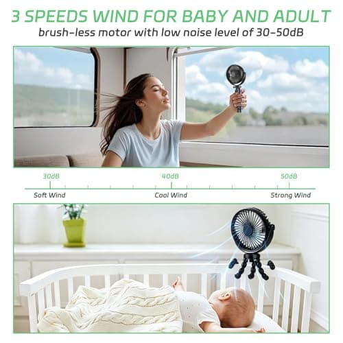 Mini Portable Pram Fan, Rechargeable Clip On Fan for Stroller with Night Light, 3 Speeds, 360° Rotate Flexible Tripod Cooling for Buggy, Pushchair, Car Seat, Travel Black — view 4