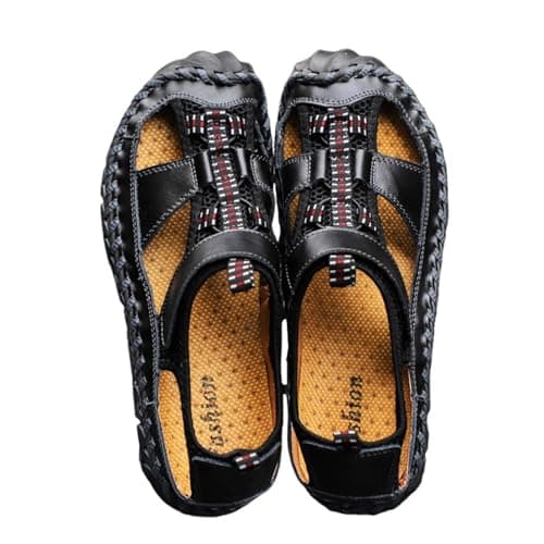 Metaju Men's Closed Toe Outdoor Sandals, Leather Lightweight Hiking Sandals, Breathable Non-Slip Rubber Sole Walking Shoes for Trekking Camping Beach Travel Summer Casual Sports (Black,9.5)