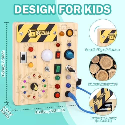 Montessori Busy Board for toddlers for 1 year old Activity Board Wooden Toy With 10 Switches and 23 LED Lights Sensory Board Motor Skills Toy for Babies and Children from 2 3 4 years Boys and Girls — view 4