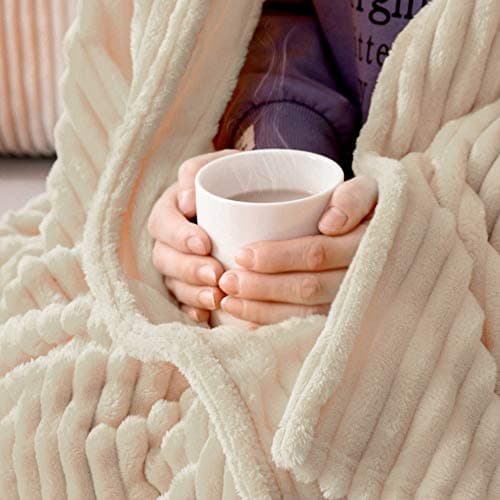 MIULEE Flannel Fleece Throw Blankets Soft Warm Comfortable Throws for Sofa Corduroy Fluffy Blanket Bed Throw for Bedroom Couch Travel Kids Bedroom Accessories 50x60Inch Cream — view 5