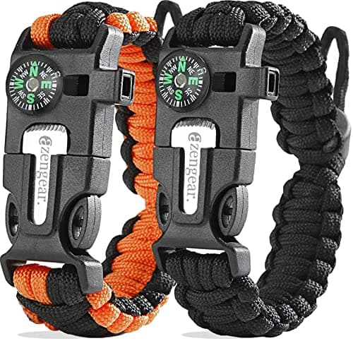 aZengear Paracord Survival Bracelet (2 Pack) Fire Starter, Whistle, Compass