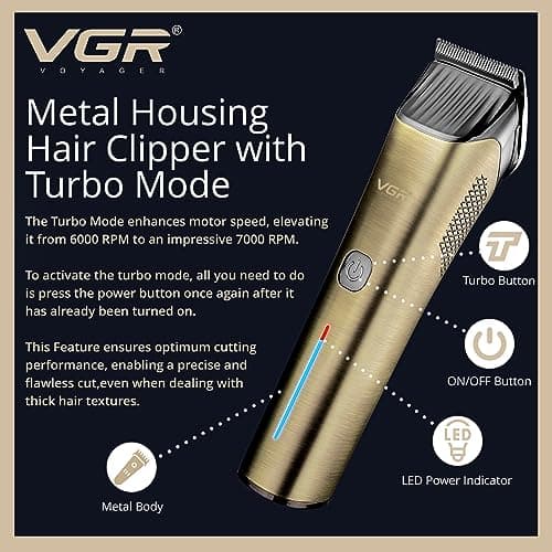 VGR Long Beard Trimmer Men Rechargeable - Cordless Hair Clippers Professional for Head Haircut - USB-C 200 Minutes Electric Battery - Ceramic Blades - 7000 RPM — view 5