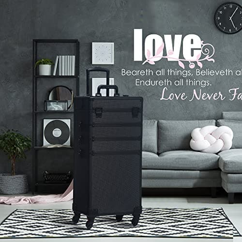 Bonnlo 4 in 1 Rolling Makeup Train Case, Aluminum Makeup Travel Organizer Cosmetic Case, Cosmetology Display Suitcase on Wheels, Beauty Storage Luggage Lockable w/4 Removable Wheels - Black — view 2
