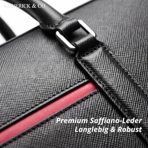 Maverick & Co. Manhattan Genuine Saffiano Leather Briefcase for Men - Slim Professional Laptop Bag for Work & Business Travel, Fits 16" Laptop (Black-Racing Red) — view 2