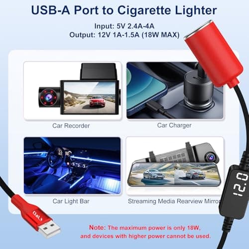 J&D USB A to 12V Cigarette Lighter Adapter Cable, 18W USB A DC 12V Car Socket Converter for Dash Cam, GPS, Driving Recorder, Supports Voltage Display, Durable Red Cord, 1.5 Meter — view 3