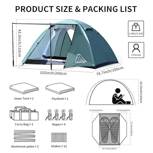 TENPLAY 2 Person Camping Tent Lightweight, PU3000mm Waterproof Backpacking Tent with Flysheet, 3-Season Double Layer Dome Tent with Aluminium Poles, 2 Doors for Hiking Outdoor Mountaineering（Green） — view 2