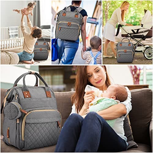 Rikmody Baby Changing Bag Backpack, Multifunctional Diaper Bags with Folding Bed, Large Capacity Nappy Backpacks Insulated Bottle Pockets, Mat, Stroller Straps, USB Port, Gray, 27*18*38cm — view 6