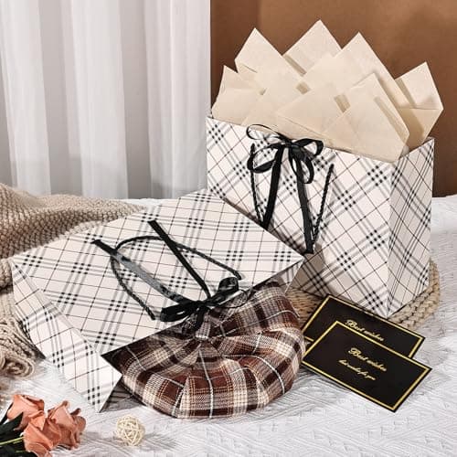 BBLIKE Paper Gift Bags for Presents - 2 Pcs Medium Brown Plaid Gift Bag with Bow Ribbon, Large Luxury Personalised Gift Bags with Handles for Wedding Christmas Birthday Valentines Party Favors — view 5