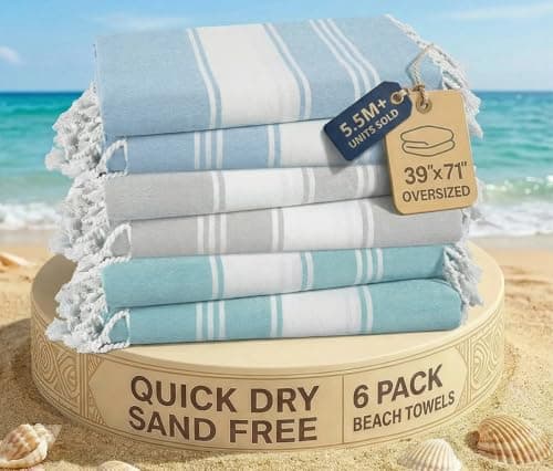 LANE LINEN Beach Towels 6 Pack, Bulk Beach Towels Oversized, Pool Towels for Adults, Pre-Washed, Sand Free Beach Towel, Fast Drying Beach Towel, 39"x71" - Classic Color