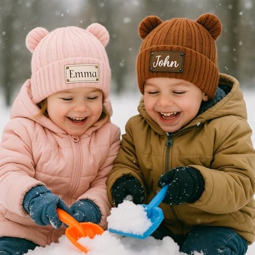 CHARMMYFASHION Personalizsed Baby Beanie Hats,Custom Toddler Baby Beanie Caps Leather Patch Name,100% Wool Acrylic,Infant Winter Warm Knitted Newborn Embroidered Hat,Personalized Baby Gifts(Navy) — view 2