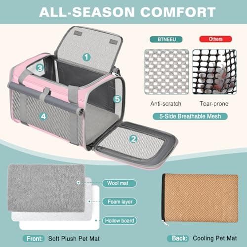 BTNEEU Soft Sided Cat Carrier Bag Airline Approved Large Pet Carrier Portable Dog Carrier Ventilated Foldable Pet Travel Carriers Bag For Cats/Small Dog With Shoulder Strap & Washable Mat (Pink) — view 3