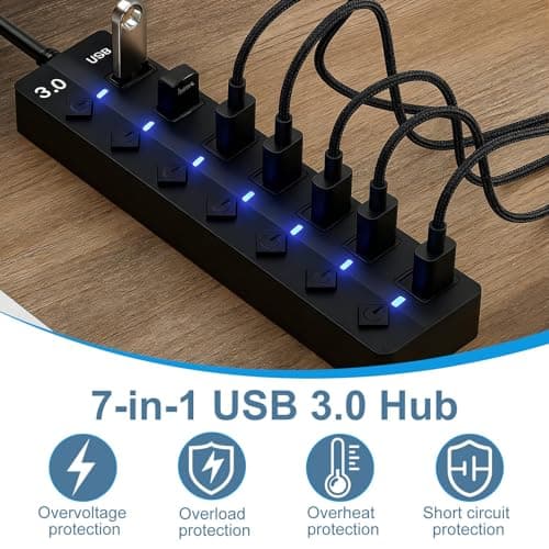 7-Port USB 3.0 Hub Multiport Splitter with Individual Switches and Lights — view 6