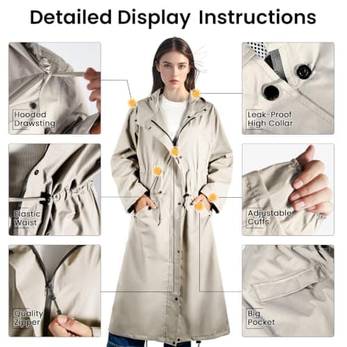 SOPPY Women's Long Waterproof Raincoat, Lightweight Hooded Rain Jacket, Beige, XL — view 5