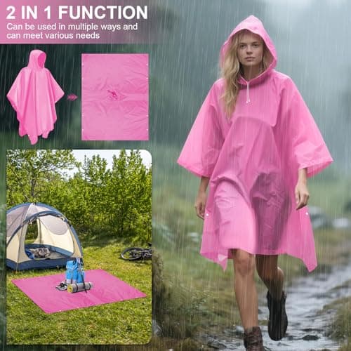 Chyaya 2 Pack Rain Poncho Waterproof Raincoat for Men Women Adults,Lightweight Thicken Emergency Rain Jacket Hooded for Camping Hiking Travelling,Outdoor Activities - Pink — view 2