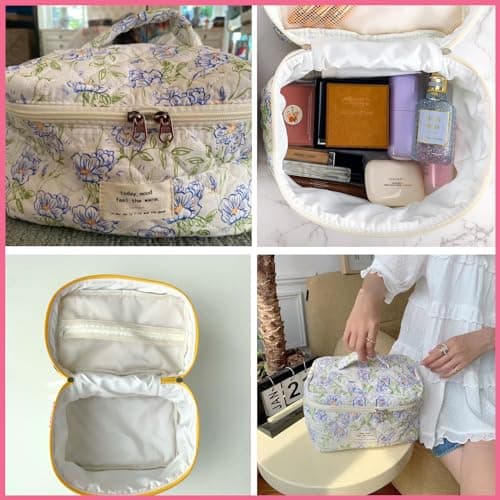 uekeboag Large Travel Quilted Makeup Bag for Women, Cotton Floral Cosmetic Bag, Coquette Aesthetic Toiletry Organizer Bag, Light Blue-Flower — view 3