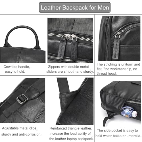 LUUFAN Genuine Leather Shoulder Bag for Men, Casual Backpack Multi Pockets Daypack 15.6 Inch Laptop Bag for Travel Business Outdoor, Black — view 3