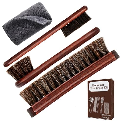 LYSSRA 4-Piece 100% Horse Hair Shoe Brush Kit Premium Dauber Applicators Leather Care Cleaning Set with Polishing Brushes and Cloth for Leather Suede Shoes Boots Bags Cars Cleaning Polishing