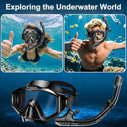 Snorkel Set Adults, Anti-Fog Panoramic Scuba Snorkelling Packages with Dry-Top Snorkel & Swimming Goggles for Diving, Swimming & Snorkeling (Black) — view 6