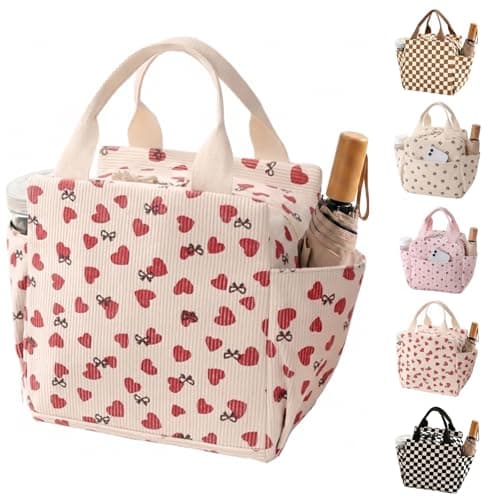 Arae Corduroy Insulated Lunch Bag Large Reusable Tote with Side Pockets Cooler Box for Work Picnic Travel Water Bottle Holder Collapsible Portable - Beige Heart