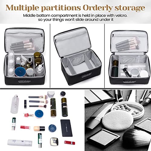 KaAutoler Portable Cosmetic Bag with Lock, Large Capacity Travel Makeup Case Organiser, Waterproof Makeup Bags for Women Toiletry Bag for Girls Traveling with Handle and Divider Makeup Bag, Black — view 2