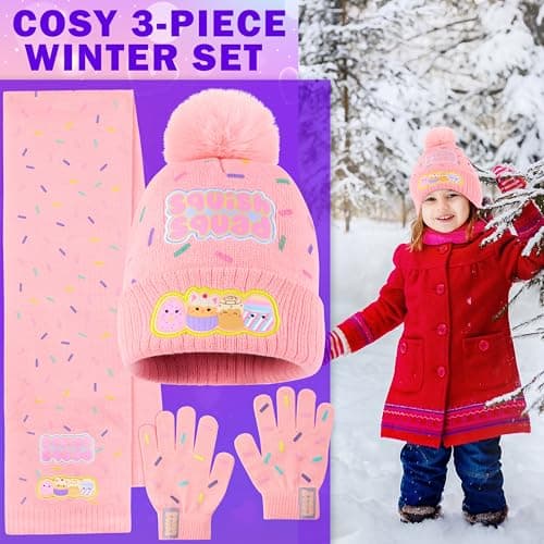 Squishmallows Beanie Winter Accessories Set Girls Teens, 3pcs Hat Scarf Gloves, Warm Knit for School Travel Days Out, Girls Gifts — view 2