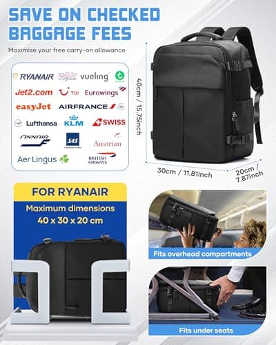 suradar Ryanair Cabin Bags 40x30x20 Underseat Travel Backpack WizzAir Black — view 2