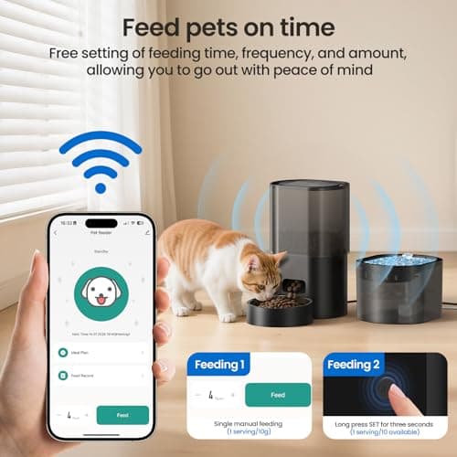 Automatic Cat Feeder and Water Dispenser, 2-in-1 Pet Feeder Automatic with Timer, 3 L Dry Food Feeder, 2.5 L Water Fountain with APP 2.4G WiFi, 1-6 Meal, Stainless Steel Bowl for Cats and Dogs — view 3