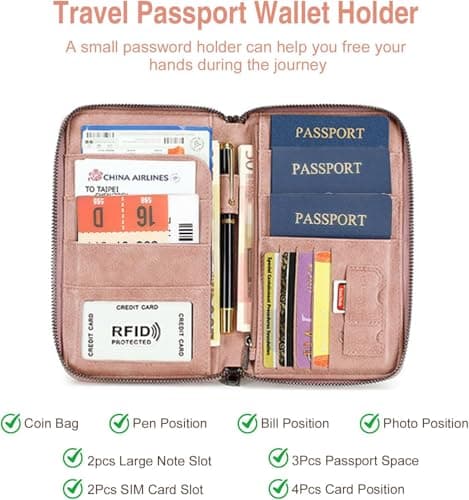 Apradas Passport Holder Travel Wallet for 3 Passport and Tickets, RFID Pink Passport Wallets Zipper, Bi-fold Travel Document Holder for Cards ID Window (Pink) — view 3