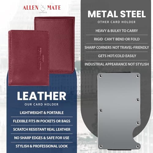 ALLEN & MATE 100% Leather Travel Card Holder - Slim Minimalist Wallet for Travel Bus Pass ID License Oyster Card for Men & Women (Maroon Premium) — view 6