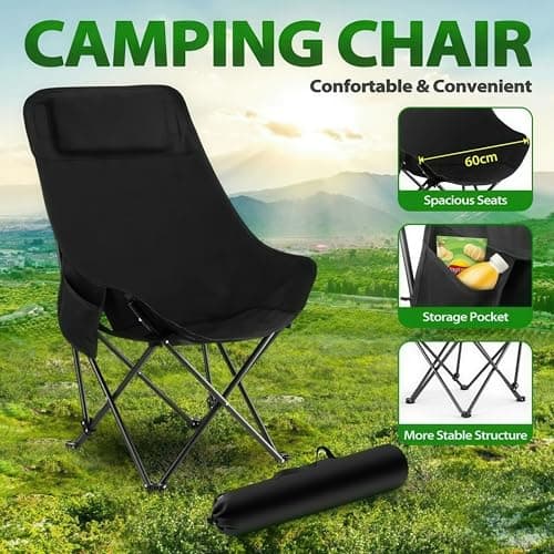 WY8 Folding Camping Chair Lightweight and Portable with Storage Bag, Heavy-Duty Steel Frame, Breathable Oxford Fabric, Ergonomic High Back Support, Compact for Hiking, Lawn, Picnic, Fishing (Black) — view 3