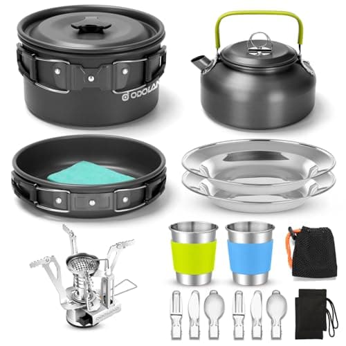 Odoland Camping Cookware Set with Foldable Stove, Non Stick Pot Pan Kettle Set with Stainless Steel Cups Plates Forks Knives Spoons for Outdoor Cooking and Picnic - Camping Cutlery Set Suit 2 People
