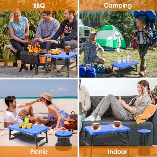 Taylor & Brown Portable Folding Camping Table and Telescopic Stool Set, Adjustable Height Foldable, Lightweight and Sturdy for Outdoor Picnic, Beach, Also Ideal as Lap Desk, Bed Table (Blue) — view 5