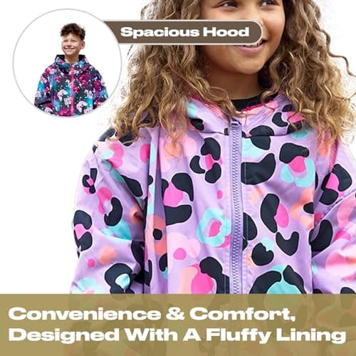 OHS Drying Robe for Kids, Lightweight Leopard Print Waterproof Jacket for Girls Breathable Packable Wind Resistant Rain Jacket for Outdoor Activities, Lilac Leopard Print — view 2