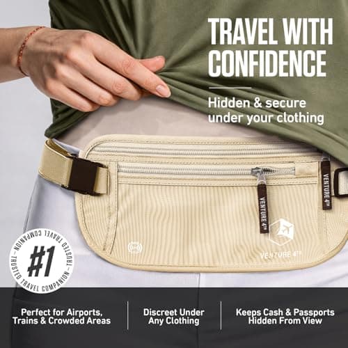 VENTURE 4TH Travel Money Belt - Keeps Your Cash Safe When Travelling - Hidden Waist Passport Holder with RFID Blocking Technology is Designed for Superior Anti-Theft Protection and Comfort (Beige) — view 4