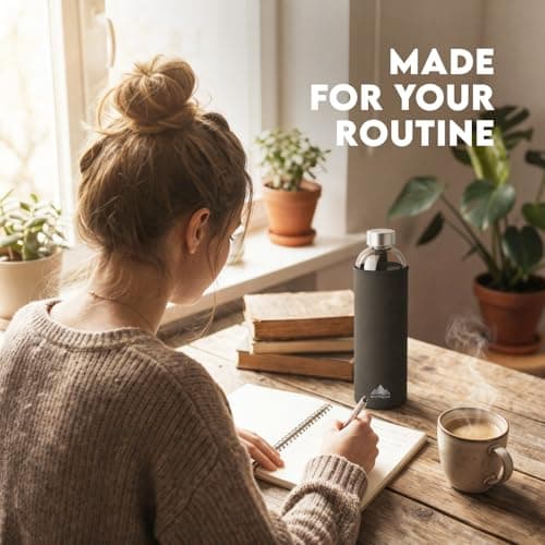 Mont-Clair Kristal Borosilicate Glass Water Bottle 550ml with Neoprene Sleeve - Leak Proof + BPA Free - Hot & Cold Drinks - Ideal for Adult, Kids, Travel, Sports, Gym, Running - Black — view 5