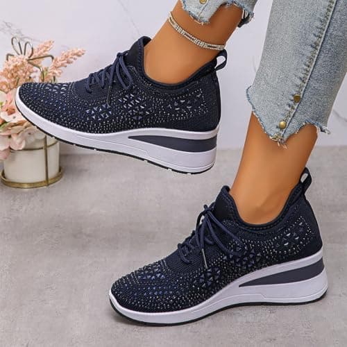 Women's Glittery Trainers Rhinestone Fashion Breathable Wedge Sneakers Athletic Slip On Walking Shoes Breathable Lightweight Sports Casual Sparkly Diamante Sneakers Ladies Platform Shoes Dark Blue — view 3