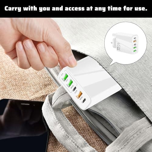65W 5-Port USB Fast Charger,USB Plug Charger,65W Fast Charging,Wall Plug Multi Fast Charging Plug for Iphone/Samsung/Huawei/Tablet,Multi-Port Quick Charge Adapter (White) — view 6