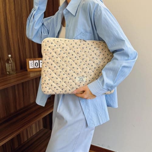 CHAMAIR Puffy Laptop Sleeve 15 Inch Cute Laptop Case Floral Quilted Laptop Sleeve Cute Aesthetic Cover Case 14'' 15'' (Blue 15in) — view 2