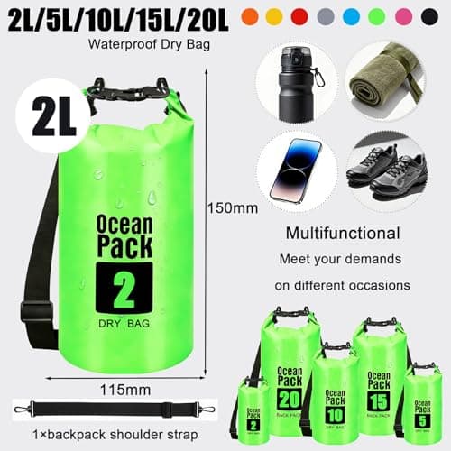 RONGZUBAT 2L Waterproof Dry Bag, Small Roll Top Dry Sack for Phone, Keys and Essentials, Lightweight Waterproof Bag for Kayaking, Paddle Boarding, Beach, Swimming, Camping and Travel - Green — view 2